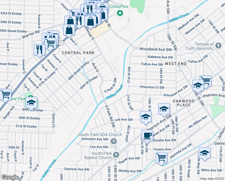 map of restaurants, bars, coffee shops, grocery stores, and more near 2334 South Park Drive Southwest in Birmingham