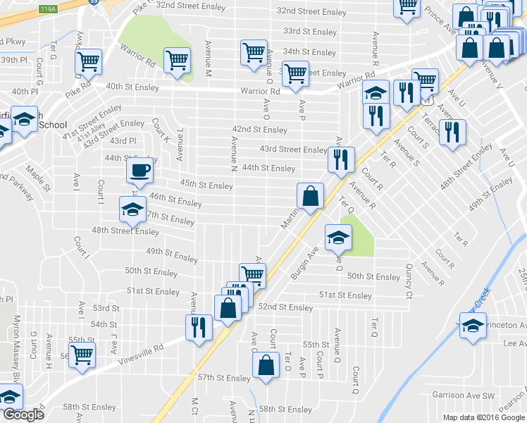 map of restaurants, bars, coffee shops, grocery stores, and more near 1442 46th Street Ensley in Birmingham