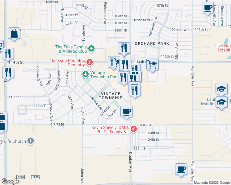 map of restaurants, bars, coffee shops, grocery stores, and more near 4605 120th Place in Lubbock