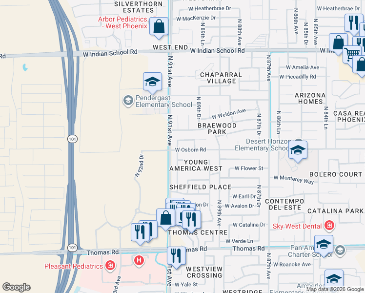map of restaurants, bars, coffee shops, grocery stores, and more near 9021 West Whitton Avenue in Phoenix
