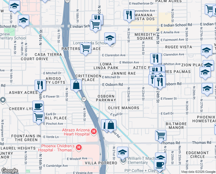 map of restaurants, bars, coffee shops, grocery stores, and more near 2021 East Osborn Road in Phoenix