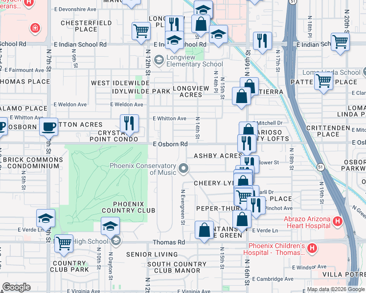 map of restaurants, bars, coffee shops, grocery stores, and more near 1354 East Osborn Road in Phoenix