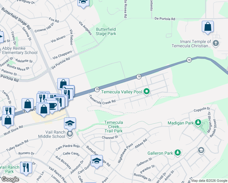 map of restaurants, bars, coffee shops, grocery stores, and more near 33747 Spring Brook Circle in Temecula