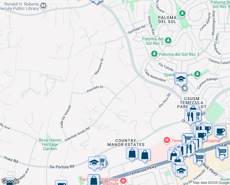 map of restaurants, bars, coffee shops, grocery stores, and more near 31333 Jedediah Smith Road in Temecula