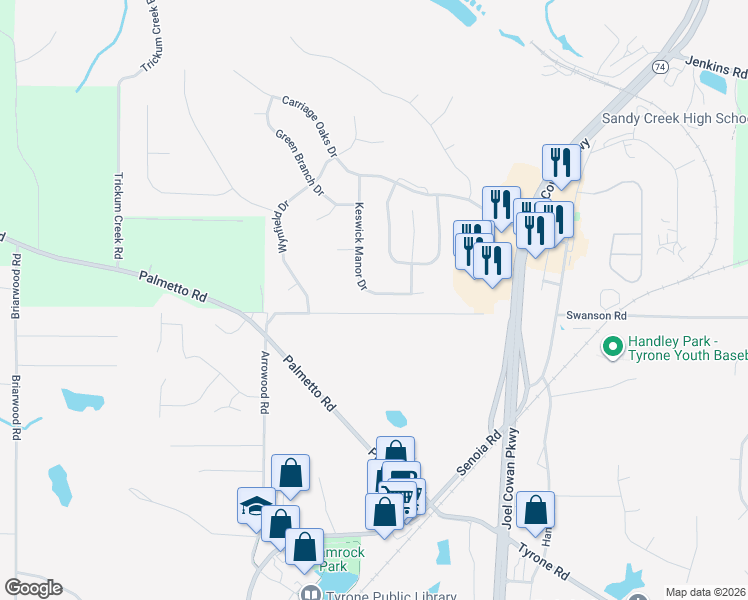 map of restaurants, bars, coffee shops, grocery stores, and more near 124 Keswick Manor Drive in Tyrone