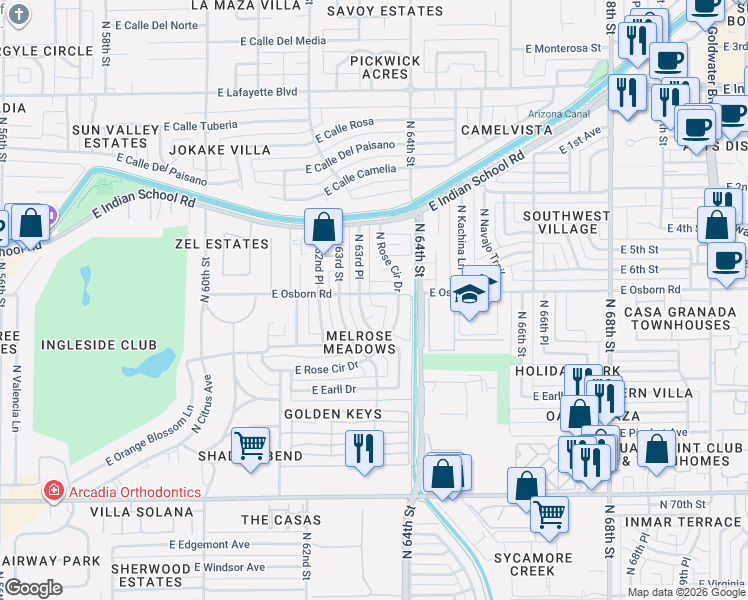 map of restaurants, bars, coffee shops, grocery stores, and more near 6337 East Osborn Road in Phoenix