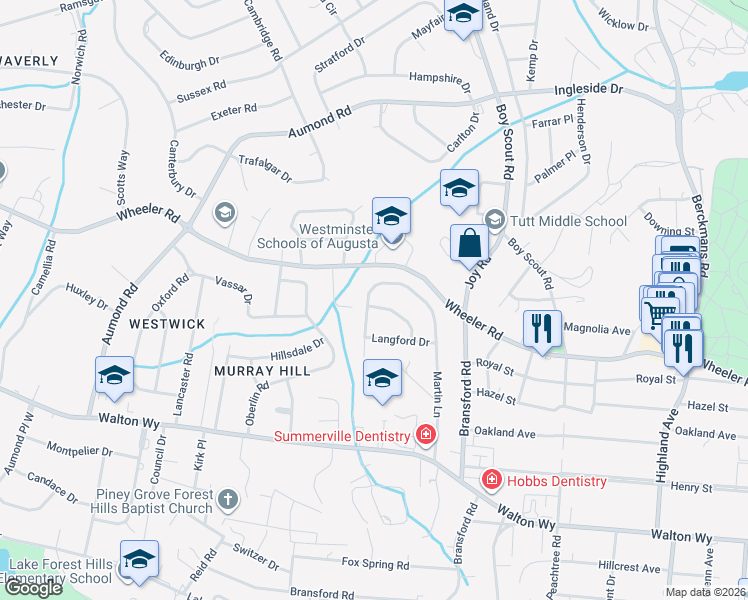 map of restaurants, bars, coffee shops, grocery stores, and more near 570 Martin Lane in Augusta