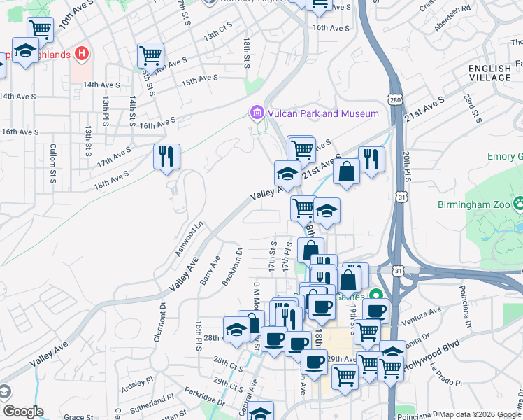 map of restaurants, bars, coffee shops, grocery stores, and more near 201 Moretti Circle in Homewood