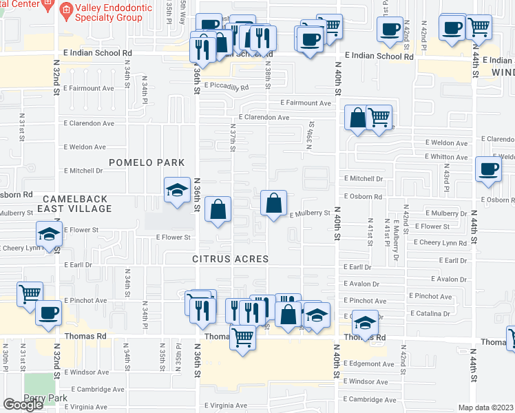 map of restaurants, bars, coffee shops, grocery stores, and more near 3242 North 38th Street in Phoenix