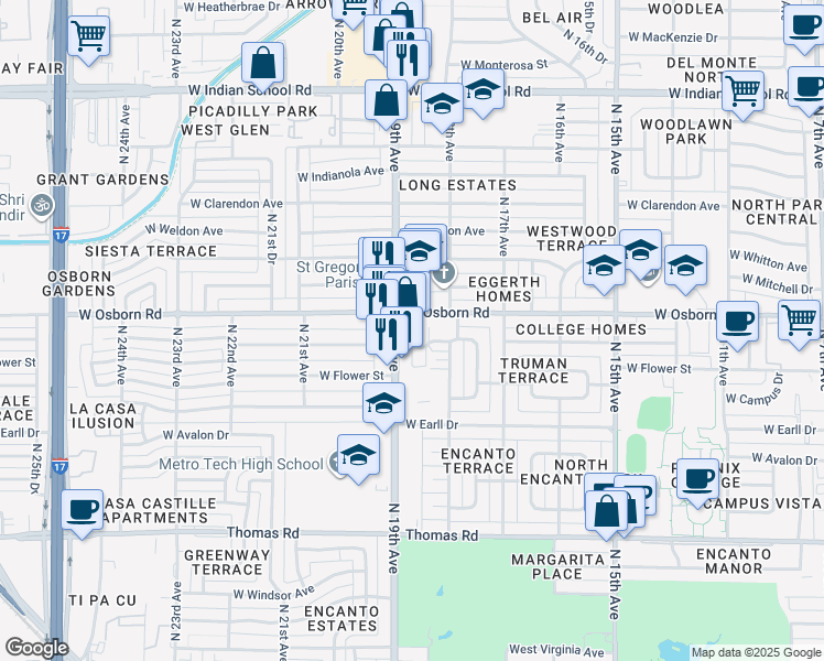 map of restaurants, bars, coffee shops, grocery stores, and more near in Phoenix