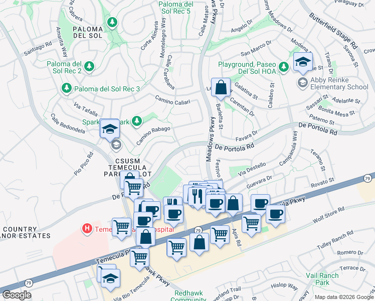 map of restaurants, bars, coffee shops, grocery stores, and more near 44001 Arcadia Court in Temecula