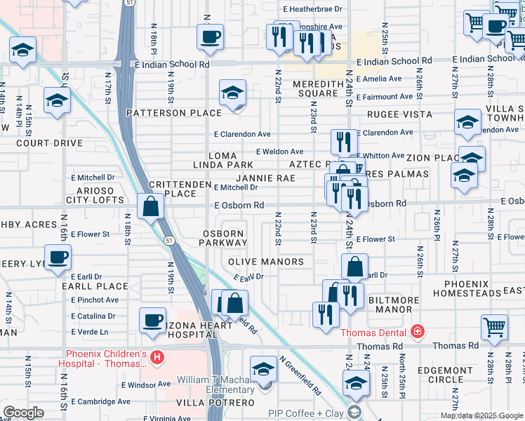 map of restaurants, bars, coffee shops, grocery stores, and more near 2141 East Osborn Road in Phoenix