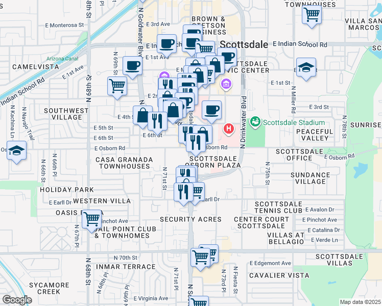 map of restaurants, bars, coffee shops, grocery stores, and more near in Scottsdale