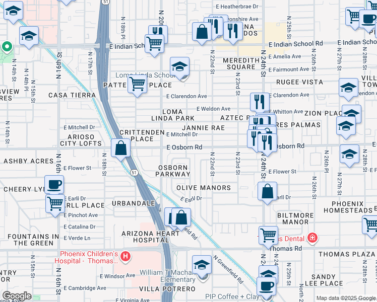 map of restaurants, bars, coffee shops, grocery stores, and more near 2108 East Osborn Road in Phoenix