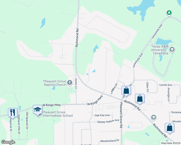 map of restaurants, bars, coffee shops, grocery stores, and more near 6704 Richmond Road in Texarkana