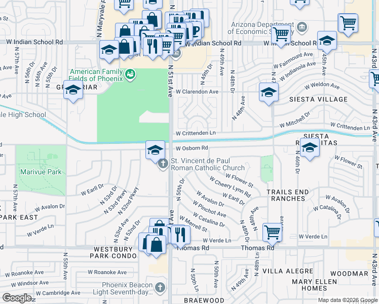 map of restaurants, bars, coffee shops, grocery stores, and more near 5025 West Osborn Road in Phoenix