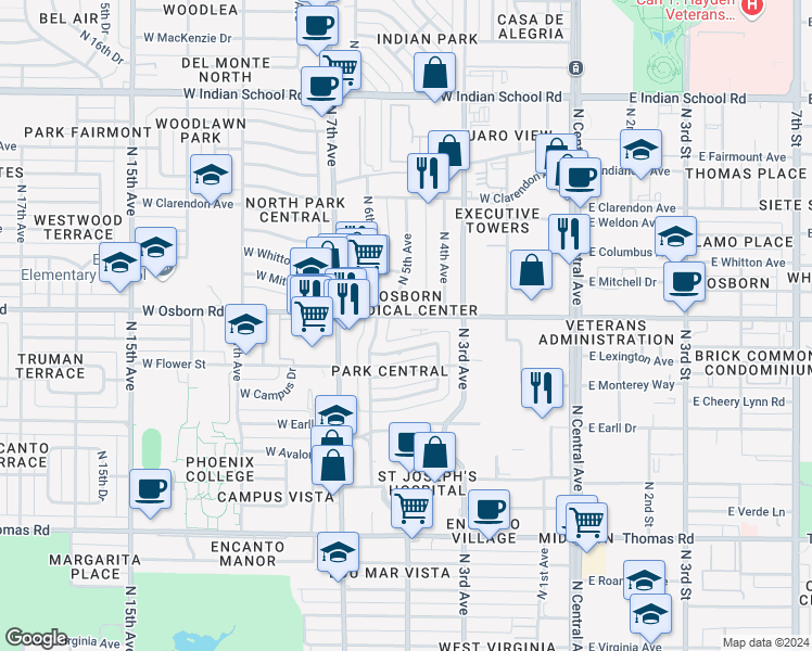 map of restaurants, bars, coffee shops, grocery stores, and more near 433 West Osborn Road in Phoenix
