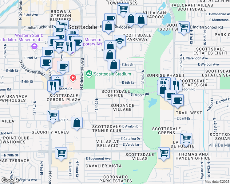 map of restaurants, bars, coffee shops, grocery stores, and more near 7618 East Osborn Road in Scottsdale
