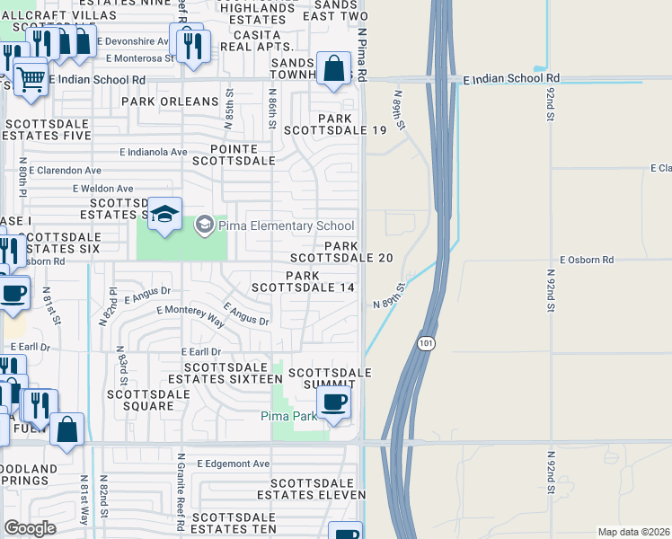 map of restaurants, bars, coffee shops, grocery stores, and more near 8737 East Osborn Road in Scottsdale