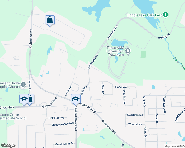 map of restaurants, bars, coffee shops, grocery stores, and more near 6708 University Avenue in Texarkana
