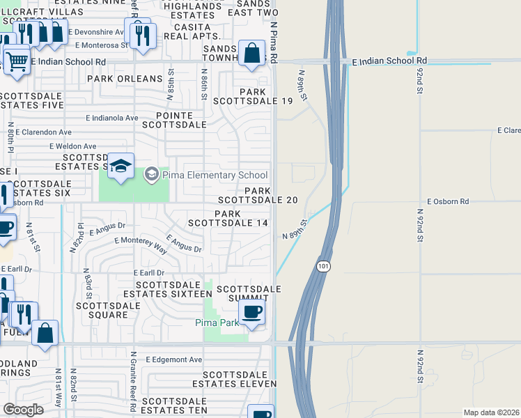 map of restaurants, bars, coffee shops, grocery stores, and more near 8737 East Osborn Road in Scottsdale