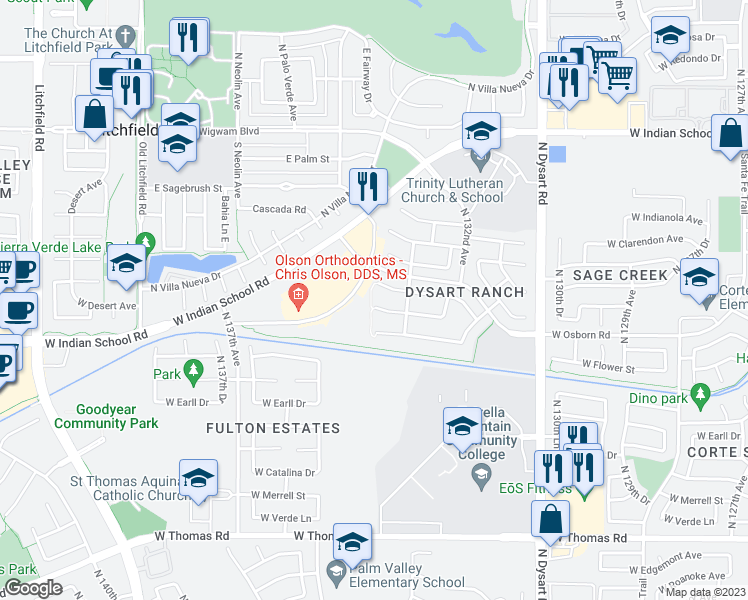 map of restaurants, bars, coffee shops, grocery stores, and more near 13322 West Flower Street in Litchfield Park