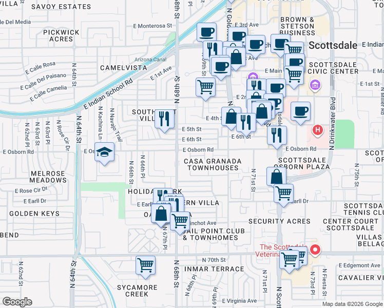 map of restaurants, bars, coffee shops, grocery stores, and more near 6829 East Osborn Road in Scottsdale