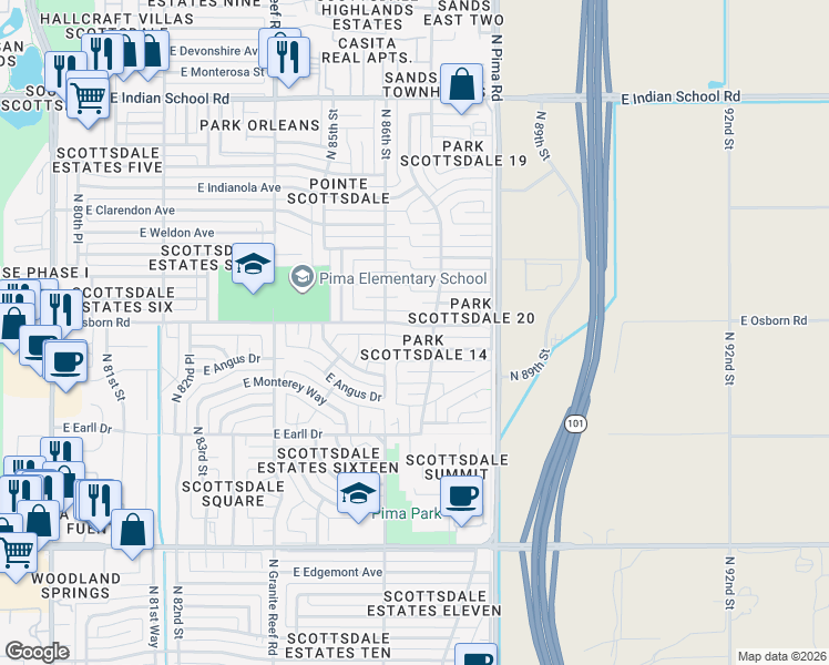 map of restaurants, bars, coffee shops, grocery stores, and more near 8613 East Osborn Road in Scottsdale