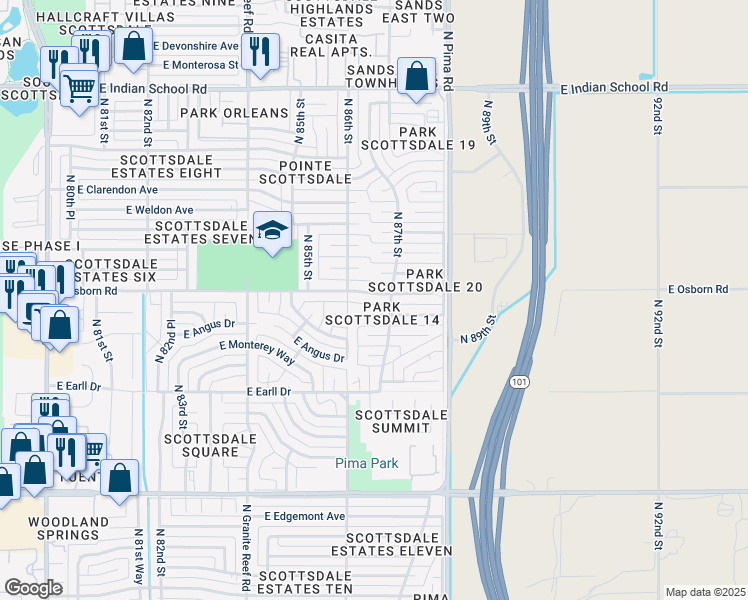 map of restaurants, bars, coffee shops, grocery stores, and more near 8613 East Osborn Road in Scottsdale