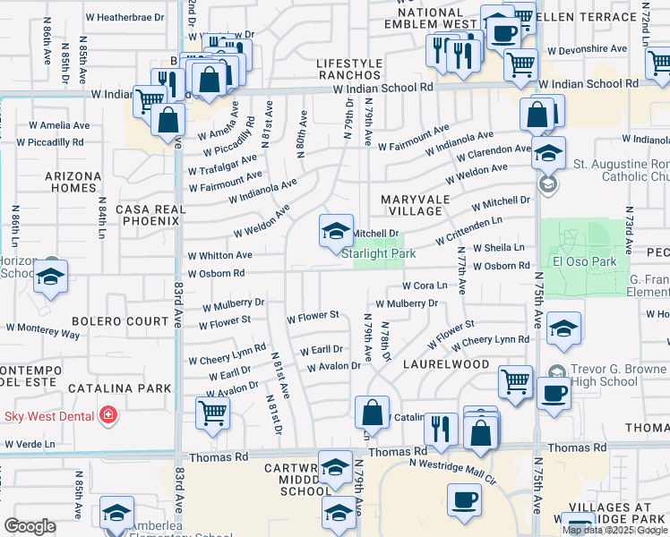 map of restaurants, bars, coffee shops, grocery stores, and more near 7960 West Osborn Road in Phoenix