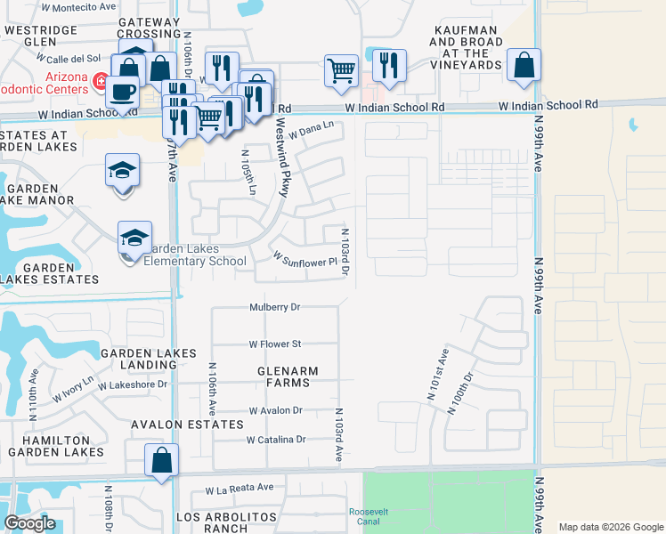 map of restaurants, bars, coffee shops, grocery stores, and more near 10359 West Sunflower Place in Avondale