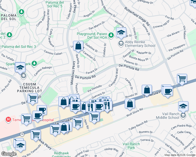map of restaurants, bars, coffee shops, grocery stores, and more near 44065 Terraza Court in Temecula