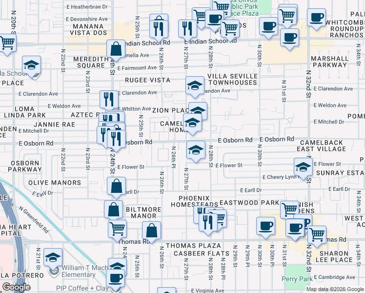 map of restaurants, bars, coffee shops, grocery stores, and more near 3239 North 26th Place in Phoenix