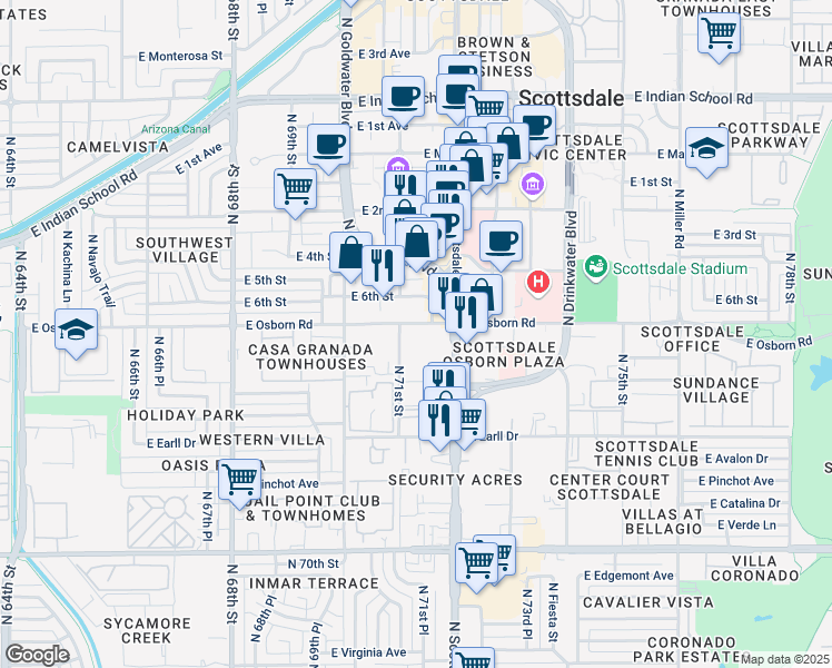 map of restaurants, bars, coffee shops, grocery stores, and more near 3380 North Scottsdale Road in Scottsdale