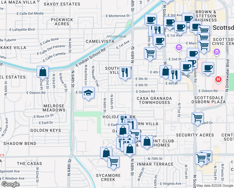 map of restaurants, bars, coffee shops, grocery stores, and more near 6616 East Osborn Road in Scottsdale