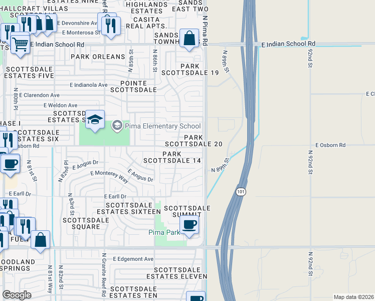map of restaurants, bars, coffee shops, grocery stores, and more near 8737 East Osborn Road in Scottsdale
