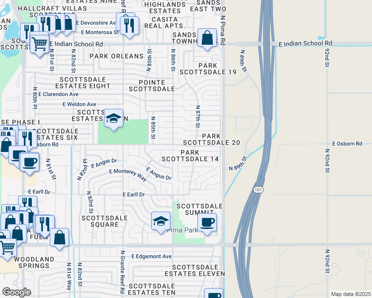 map of restaurants, bars, coffee shops, grocery stores, and more near 8613 East Osborn Road in Scottsdale