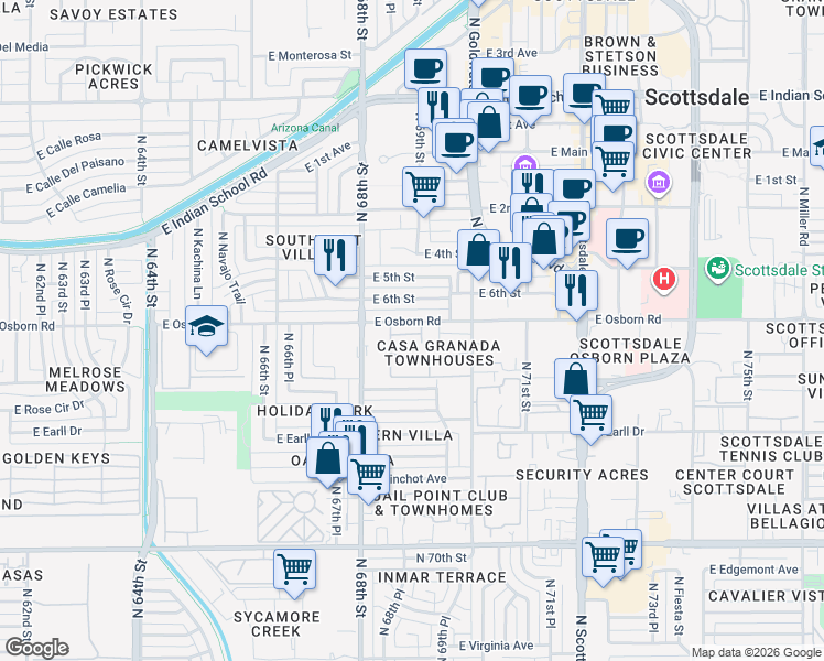 map of restaurants, bars, coffee shops, grocery stores, and more near 6829 East Osborn Road in Scottsdale