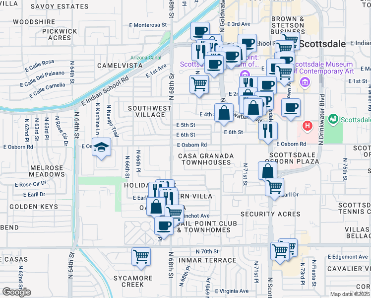 map of restaurants, bars, coffee shops, grocery stores, and more near 6829 East Osborn Road in Scottsdale