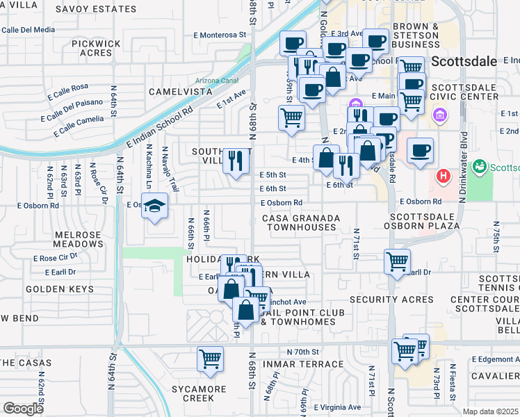 map of restaurants, bars, coffee shops, grocery stores, and more near 3313 North 68th Street in Scottsdale