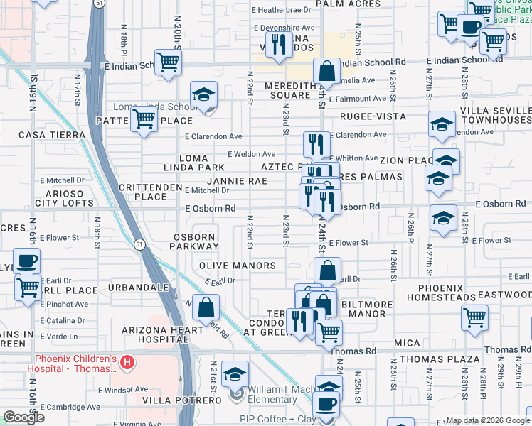 map of restaurants, bars, coffee shops, grocery stores, and more near 2221 East Osborn Road in Phoenix