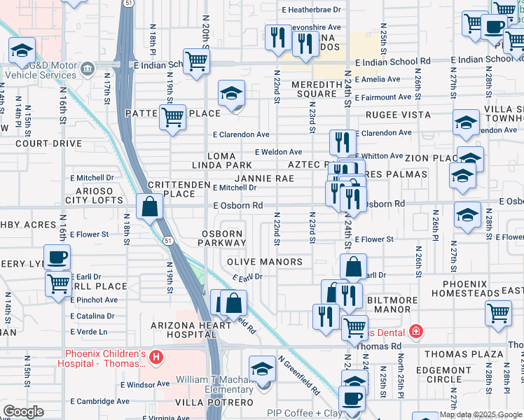map of restaurants, bars, coffee shops, grocery stores, and more near 2141 East Osborn Road in Phoenix