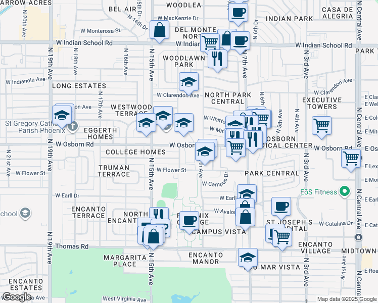 map of restaurants, bars, coffee shops, grocery stores, and more near 1103 West Osborn Road in Phoenix