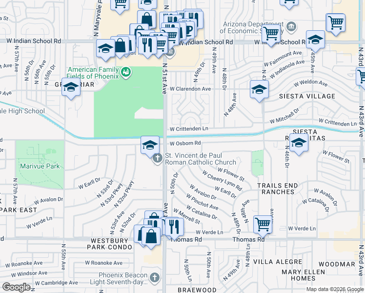 map of restaurants, bars, coffee shops, grocery stores, and more near 5025 West Osborn Road in Phoenix