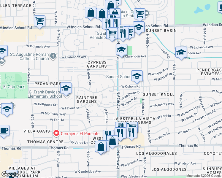map of restaurants, bars, coffee shops, grocery stores, and more near 3401 North 67th Lane in Phoenix