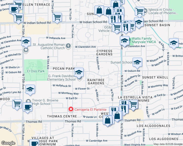 map of restaurants, bars, coffee shops, grocery stores, and more near 3402 North 69th Drive in Phoenix