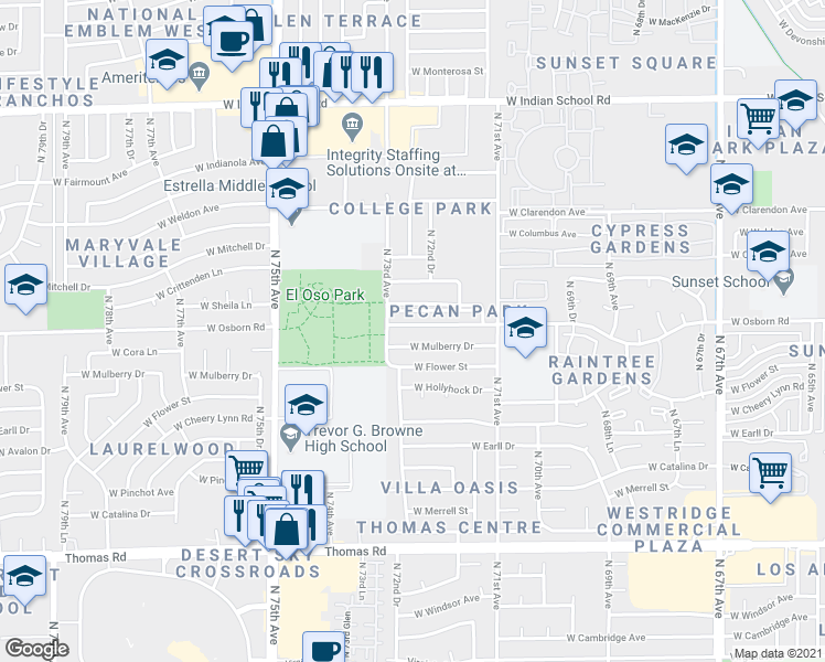map of restaurants, bars, coffee shops, grocery stores, and more near 7227 West Sheila Lane in Phoenix