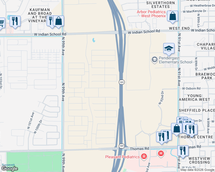 map of restaurants, bars, coffee shops, grocery stores, and more near Agua Fria Freeway in Phoenix