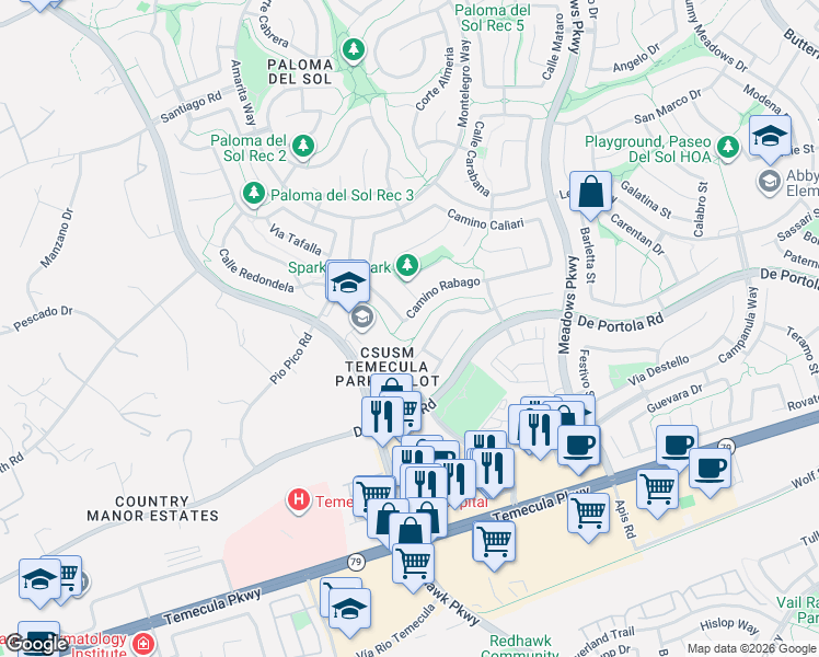 map of restaurants, bars, coffee shops, grocery stores, and more near 43941 Vía Montalban in Temecula