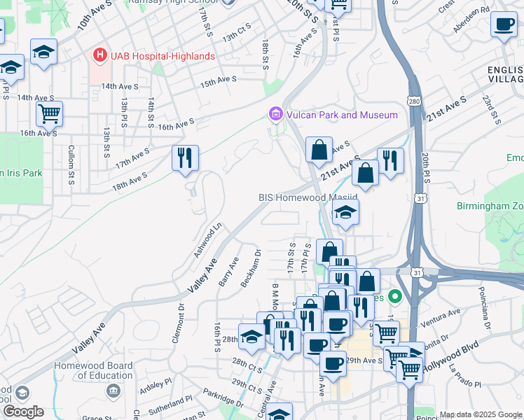map of restaurants, bars, coffee shops, grocery stores, and more near 1761 Valley Avenue in Homewood